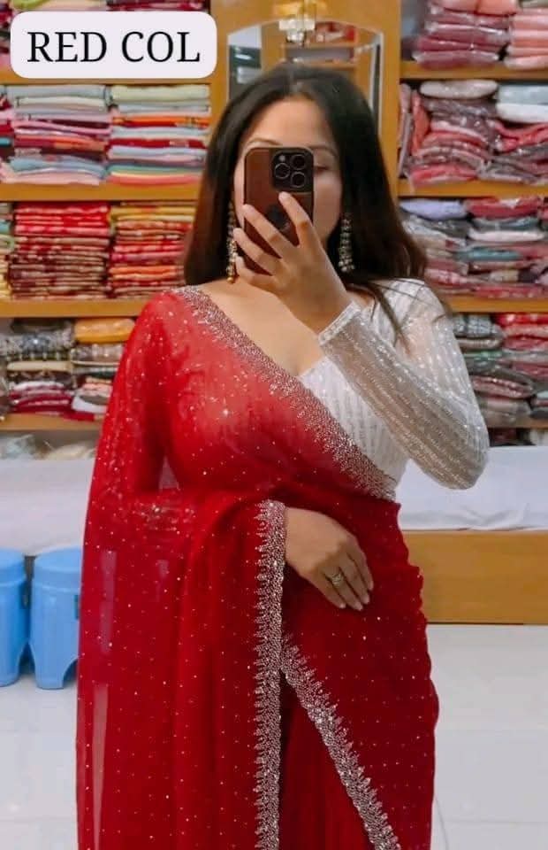 Red color Jorjet with stone+ blawus sequine